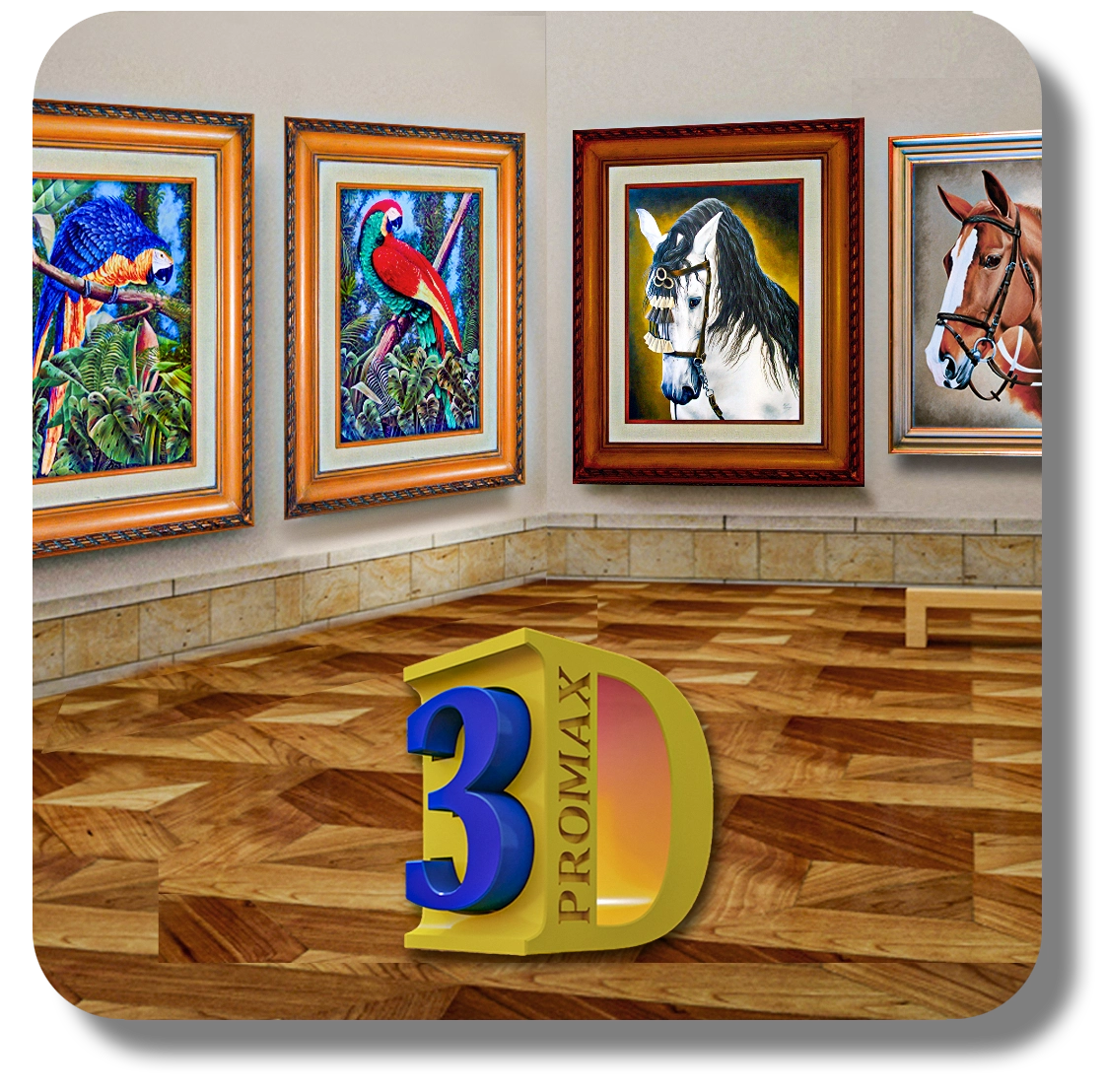 Galería de arte con cuadros de animales y logotipo 3D Promax en el suelo.- **Título:** Galería de Arte con Cuadros de Animales y Logotipo 3D- **Leyenda:** Exposición de arte con pinturas de loros y caballos, destacando el logotipo 3D Promax.- **Descripción:** Imagen de una galería de arte que presenta cuadros de coloridos loros y elegantes caballos. En el suelo, se observa un logotipo en tres dimensiones con el texto