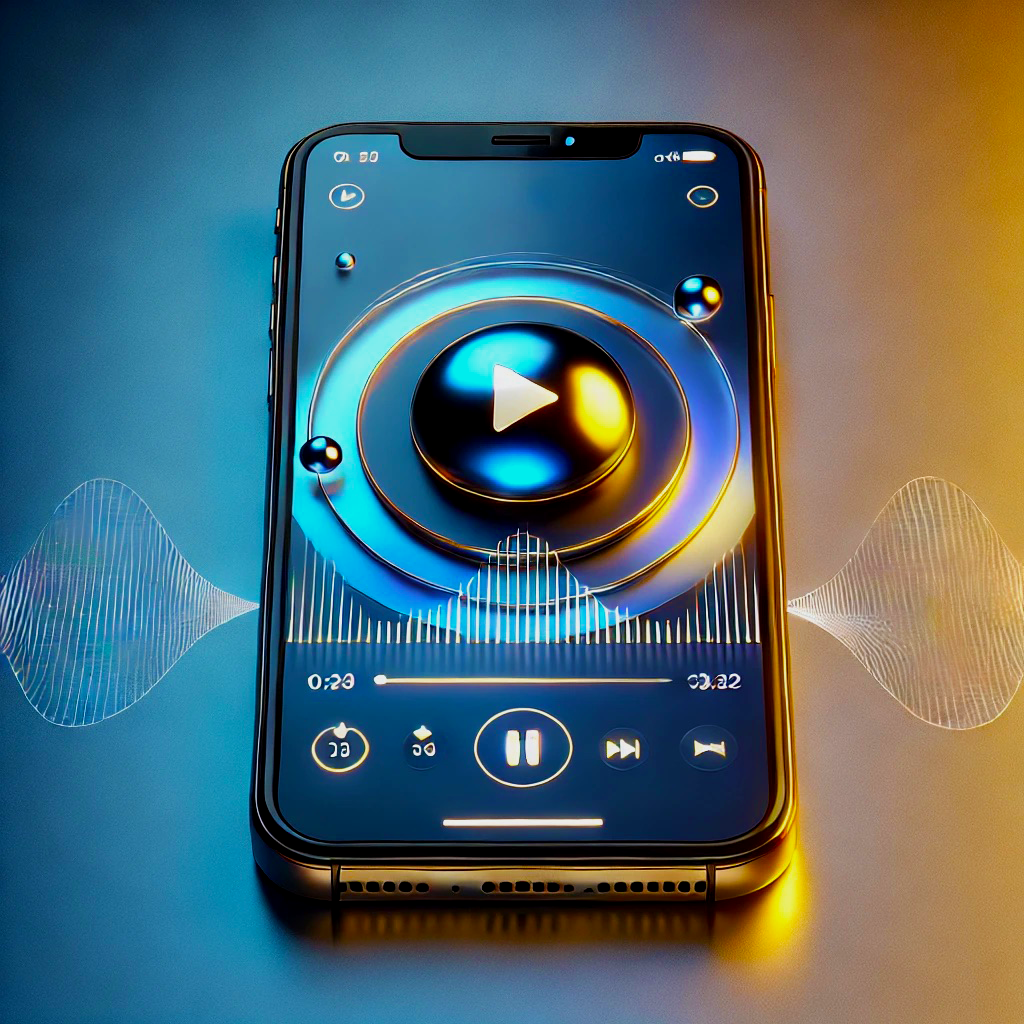 Smartphone con interfaz de reproductor de música futurista.- **Título:** Reproductor de Música Futurista en Smartphone- **Leyenda:** Interfaz de música moderna en un dispositivo móvil.- **Descripción:** Imagen de un smartphone mostrando un diseño futurista de reproductor de música, destacando un botón de reproducción central y ondas de audio gráficas. Ideal para ilustrar temas de tecnología móvil y aplicaciones de música innovadoras.