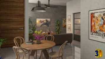 Espacio contemporáneo con detalles en madera y arte en las paredes.
- **Descripción:** Esta imagen muestra una sala de estar moderna con un diseño elegante y minimalista. Destaca una mesa redonda de madera rodeada de sillas, con un jarrón de flores como pieza central. Las paredes están decoradas con arte contemporáneo y plantas, creando un ambiente acogedor y sofisticado. Ideal para quienes buscan inspiración en diseño interior moderno y decoración artística. Sala de estar moderna con mesa de madera y decoración artística.- **Título:** Interiores Modernos: Sala de Estar con Decoración Artística- **Leyenda:** Espacio contemporáneo con detalles en madera y arte en las paredes.- **Descripción:** Esta imagen muestra una sala de estar moderna con un diseño elegante y minimalista. Destaca una mesa redonda de madera rodeada de sillas, con un jarrón de flores como pieza central. Las paredes están decoradas con arte contemporáneo y plantas, creando un ambiente acogedor y sofisticado. Ideal para quienes buscan inspiración en diseño interior moderno y decoración artística.