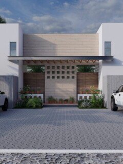 A sleek modern house facade featuring a spacious driveway and lush landscaping.
- **Description:** This image showcases a contemporary house exterior with a clean, minimalist design. Three vehicles are parked on the paved driveway, framed by palm trees and vibrant plants. The architectural style highlights simplicity and elegance, making it a perfect example of modern residential design. Modern house exterior with three cars parked on a driveway, surrounded by palm trees and greenery.- **Title:** Contemporary Home Exterior with Driveway and Cars- **Caption:** A sleek modern house facade featuring a spacious driveway and lush landscaping.- **Description:** This image showcases a contemporary house exterior with a clean, minimalist design. Three vehicles are parked on the paved driveway, framed by palm trees and vibrant plants. The architectural style highlights simplicity and elegance, making it a perfect example of modern residential design.