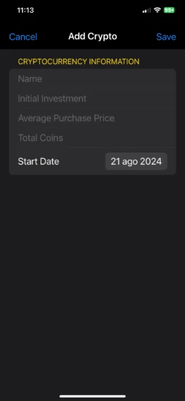 Interfaz de usuario para añadir criptomonedas con detalles de inversión.
- **Descripción:** Captura de pantalla de una aplicación móvil que muestra un formulario para añadir criptomonedas. Incluye campos para nombre, inversión inicial, precio promedio de compra, total de monedas y fecha de inicio. Ideal para gestionar inversiones en criptomonedas de manera organizada. Formulario de adición de criptomonedas en aplicación móvil, con campos de inversión inicial y fecha de inicio.- **Título:** Pantalla de Adición de Criptomonedas en App Móvil- **Leyenda:** Interfaz de usuario para añadir criptomonedas con detalles de inversión.- **Descripción:** Captura de pantalla de una aplicación móvil que muestra un formulario para añadir criptomonedas. Incluye campos para nombre, inversión inicial, precio promedio de compra, total de monedas y fecha de inicio. Ideal para gestionar inversiones en criptomonedas de manera organizada.