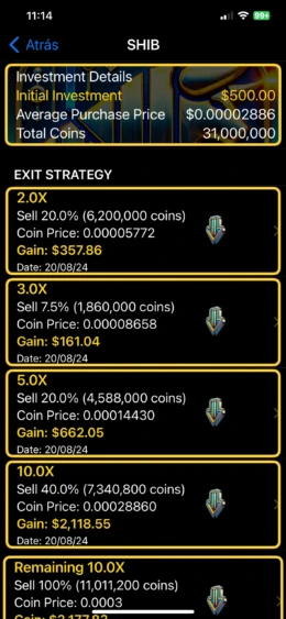 Detalles de inversión inicial y estrategia de salida para SHIB.
- **Descripción:** Esta imagen muestra una estrategia de salida para una inversión en la criptomoneda SHIB. Incluye detalles como la inversión inicial de $500, el precio promedio de compra, y una lista de precios de venta planeados junto con las ganancias esperadas en diferentes multiplicadores de inversión. Se detalla un plan de ventas en incrementos de 2X a 10X con fechas específicas. Estrategia de salida de inversión en criptomonedas SHIB con detalles de ganancias y precios de venta.- **Título:** Estrategia de Salida para Inversión en SHIB- **Leyenda:** Detalles de inversión inicial y estrategia de salida para SHIB.- **Descripción:** Esta imagen muestra una estrategia de salida para una inversión en la criptomoneda SHIB. Incluye detalles como la inversión inicial de $500, el precio promedio de compra, y una lista de precios de venta planeados junto con las ganancias esperadas en diferentes multiplicadores de inversión. Se detalla un plan de ventas en incrementos de 2X a 10X con fechas específicas.