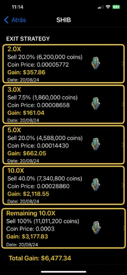 Estrategia detallada para maximizar las ganancias con SHIB mediante ventas escalonadas.
- **Descripción:** Imagen que muestra una estrategia de salida para SHIB, detallando diferentes opciones de venta con ganancias proyectadas. Incluye multiplicadores de inversión, porcentajes de venta, precios de la moneda y ganancias totales, destacando un enfoque planificado para optimizar el retorno de inversión en criptomonedas. Estrategia de salida de SHIB con múltiples opciones de venta y ganancias proyectadas.- **Título:** Estrategia de Salida de SHIB: Opciones de Venta y Ganancias- **Leyenda:** Estrategia detallada para maximizar las ganancias con SHIB mediante ventas escalonadas.- **Descripción:** Imagen que muestra una estrategia de salida para SHIB, detallando diferentes opciones de venta con ganancias proyectadas. Incluye multiplicadores de inversión, porcentajes de venta, precios de la moneda y ganancias totales, destacando un enfoque planificado para optimizar el retorno de inversión en criptomonedas.