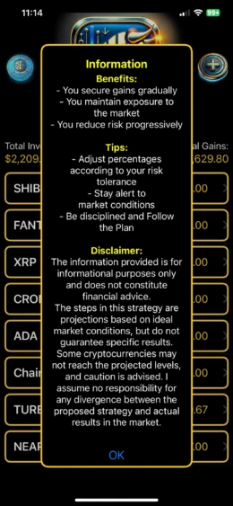 Estrategias para gestionar el riesgo en el mercado de criptomonedas.
- **Descripción:** Captura de pantalla de una aplicación financiera que ofrece beneficios y consejos para invertir en criptomonedas. Incluye recomendaciones sobre ajustes de riesgo, vigilancia del mercado y la importancia de seguir un plan disciplinado. También se presenta una advertencia sobre la naturaleza informativa de la estrategia y la responsabilidad asociada. Pantalla de aplicación financiera con consejos de inversión en criptomonedas.- **Título:** Consejos de Inversión en Criptomonedas- **Leyenda:** Estrategias para gestionar el riesgo en el mercado de criptomonedas.- **Descripción:** Captura de pantalla de una aplicación financiera que ofrece beneficios y consejos para invertir en criptomonedas. Incluye recomendaciones sobre ajustes de riesgo, vigilancia del mercado y la importancia de seguir un plan disciplinado. También se presenta una advertencia sobre la naturaleza informativa de la estrategia y la responsabilidad asociada.