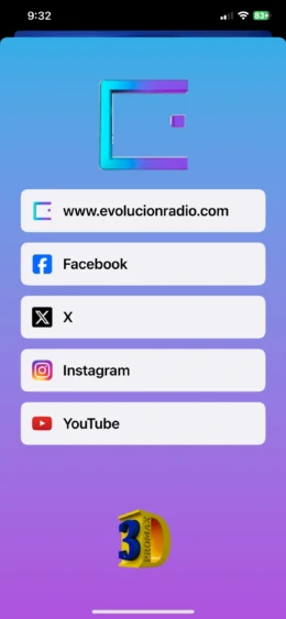 Descubre dónde seguir a Evolución Radio en redes sociales.
- **Descripción:** Imagen que muestra la pantalla de inicio de Evolución Radio con enlaces a su sitio web y redes sociales como Facebook, X, Instagram y YouTube. Ideal para usuarios que deseen conectar y seguir las actualizaciones de Evolución Radio en línea. Pantalla de inicio con enlaces a redes sociales de Evolución Radio.- **Título:** Conexiones Sociales de Evolución Radio- **Leyenda:** Descubre dónde seguir a Evolución Radio en redes sociales.- **Descripción:** Imagen que muestra la pantalla de inicio de Evolución Radio con enlaces a su sitio web y redes sociales como Facebook, X, Instagram y YouTube. Ideal para usuarios que deseen conectar y seguir las actualizaciones de Evolución Radio en línea.